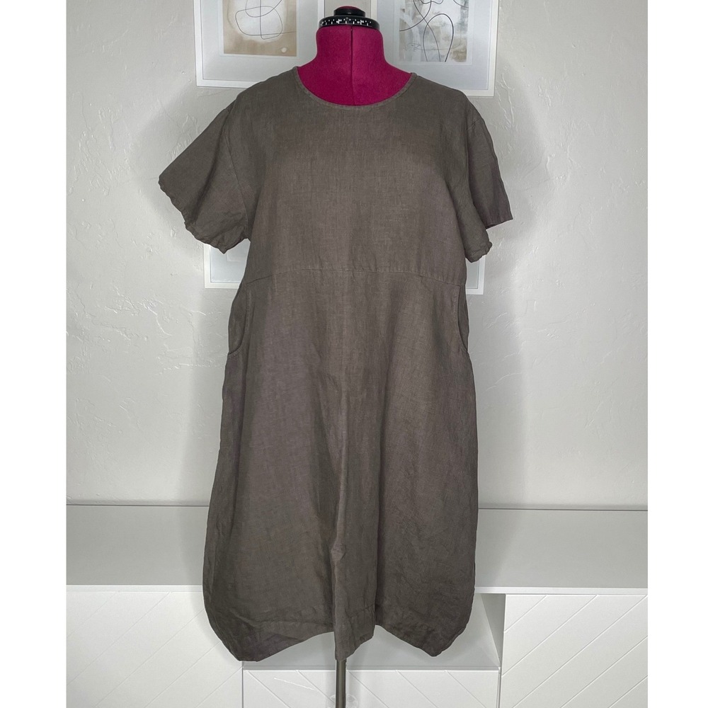 Bryn Walker Dress Womens S Brown 100% Linen High Low Short Sleeve Pockets USA